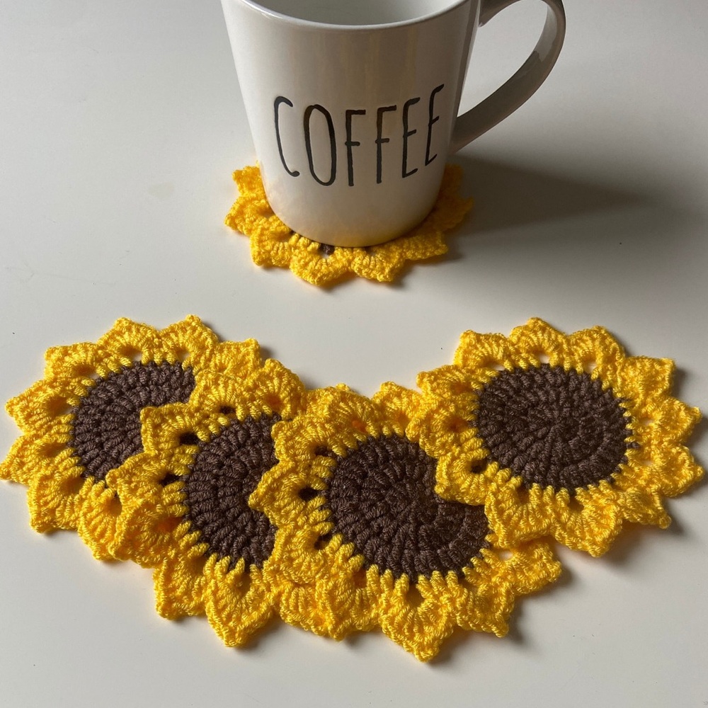 Handmade Crochet Sunflower Coaster Set of 4